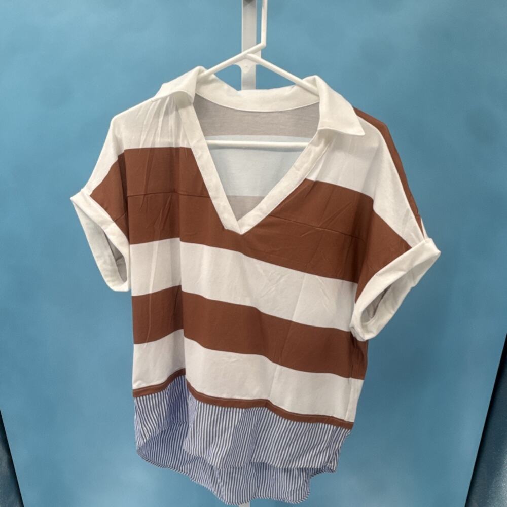 Women's Khaki White Blue Striped V-Neck Pullover T-Shirt Short Sleeve G7FB01 M